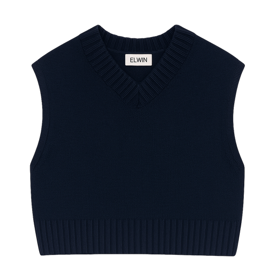 navy sleeveless knit top with 'Elwin' label on a white background