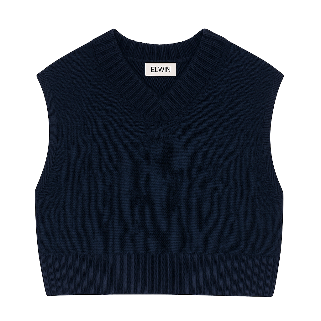 navy sleeveless knit top with 'Elwin' label on a white background