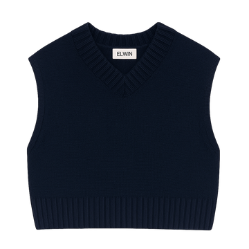 navy sleeveless knit top with 'Elwin' label on a white background