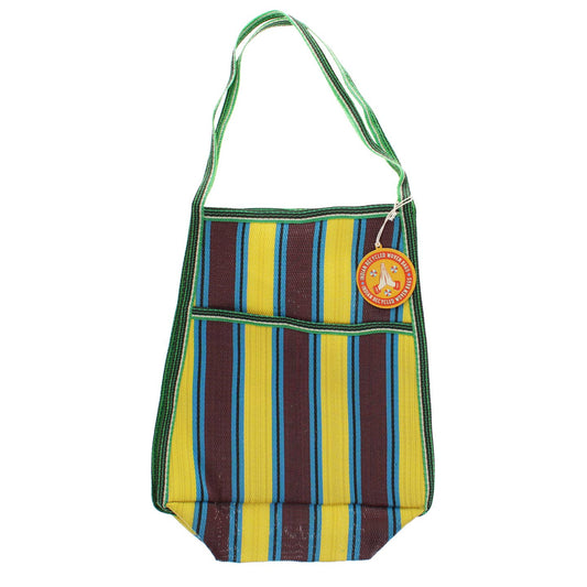 Striped bag with a visible brand logo on a white background