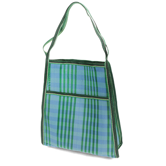 Green and blue plaid bag with a strap on a white background