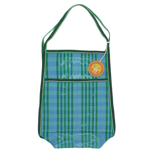 Green and blue plaid tote bag on a white background