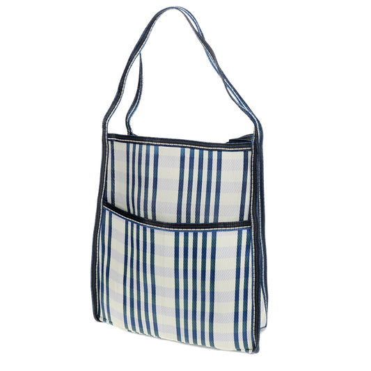 Blue and white striped tote bag on a white background