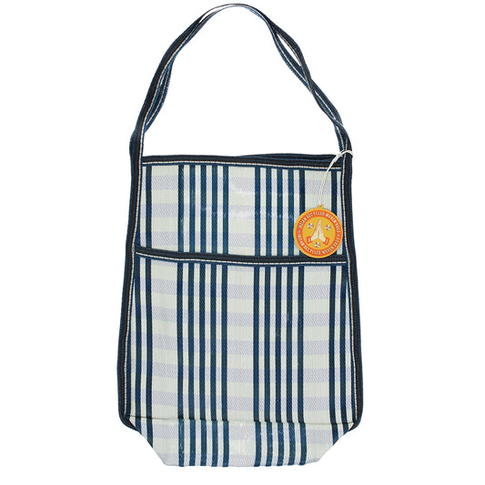 Striped blue and white tote bag on a white background