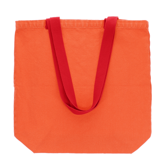 Coral cotton tote with thick red strap handles on a white background