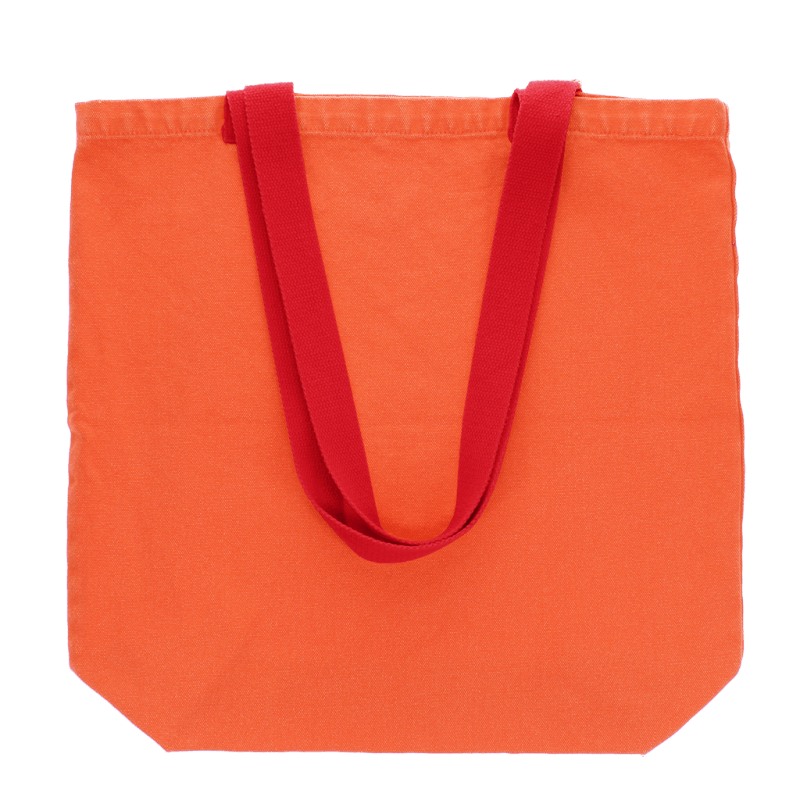 Coral cotton tote with thick red strap handles on a white background