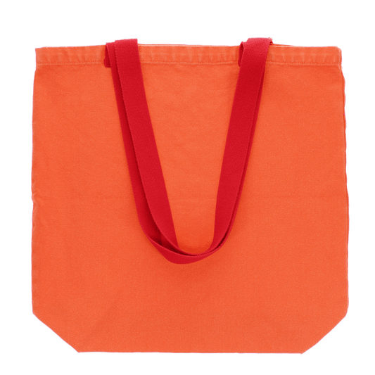 Coral cotton tote with thick red strap handles on a white background