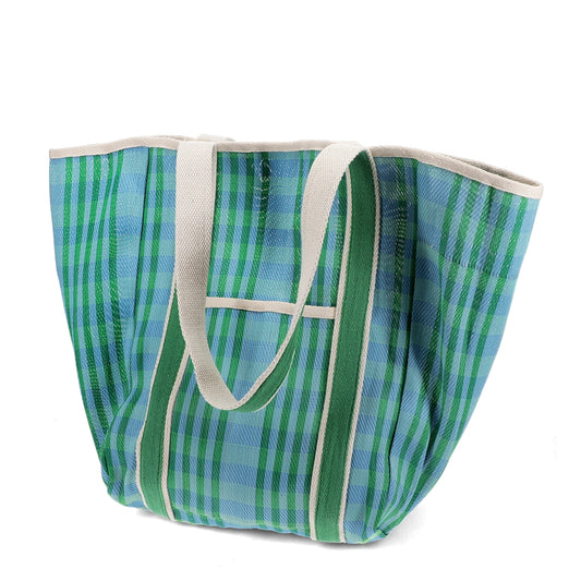 Green and blue striped tote bag with beige handles on a white background