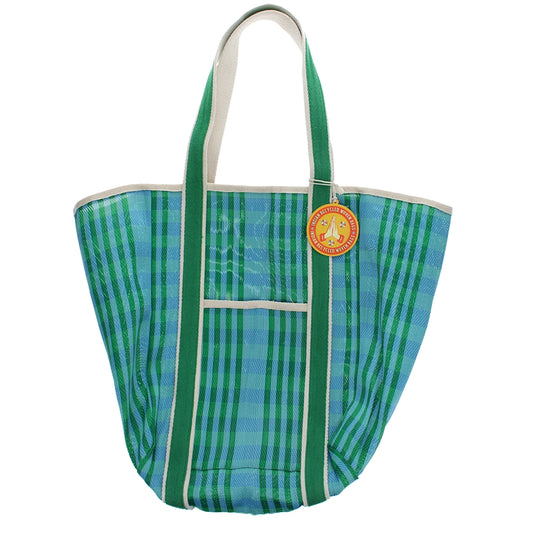 Blue and green plaid large tote bag witha green and cream strap and front pocket on a white background