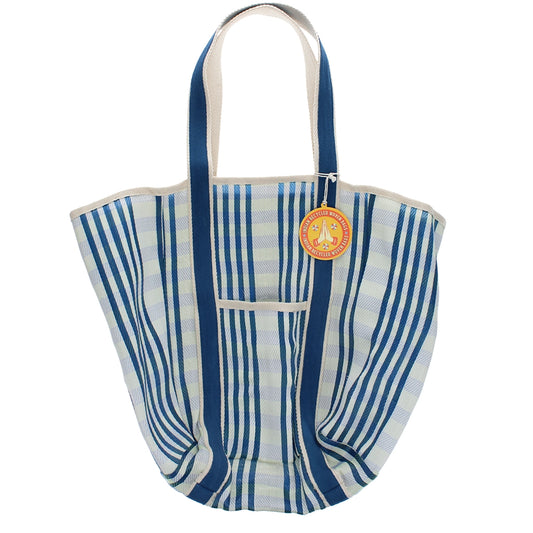 Blue and white striped tote bag on a white background