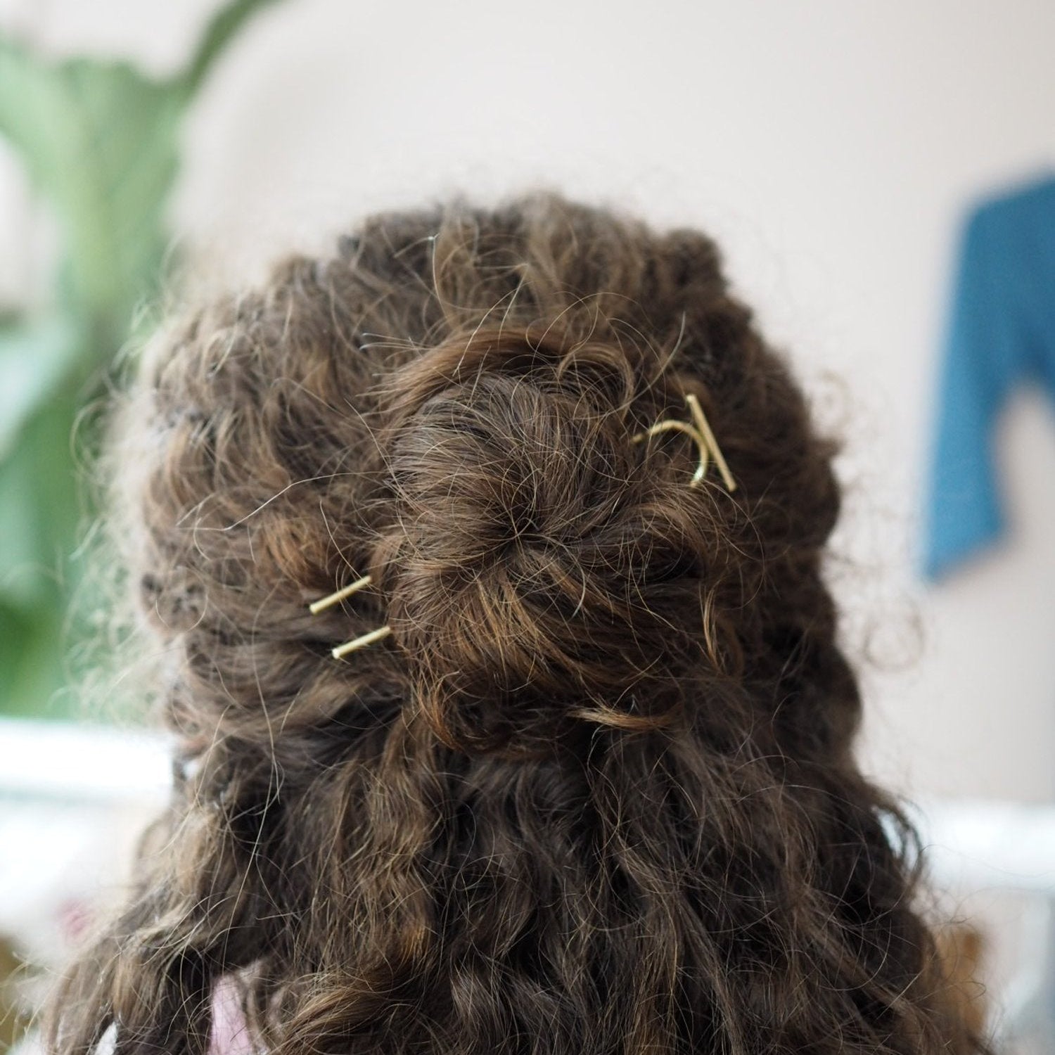 Close-up of a person with braided hair and hair clips against a blurred indoor background