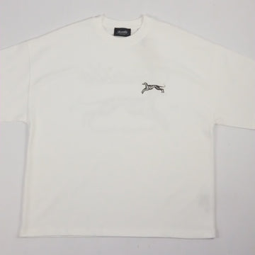 White t-shirt with a small logo on a light gray background