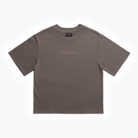 Brown t-shirt with a brand logo on a white background