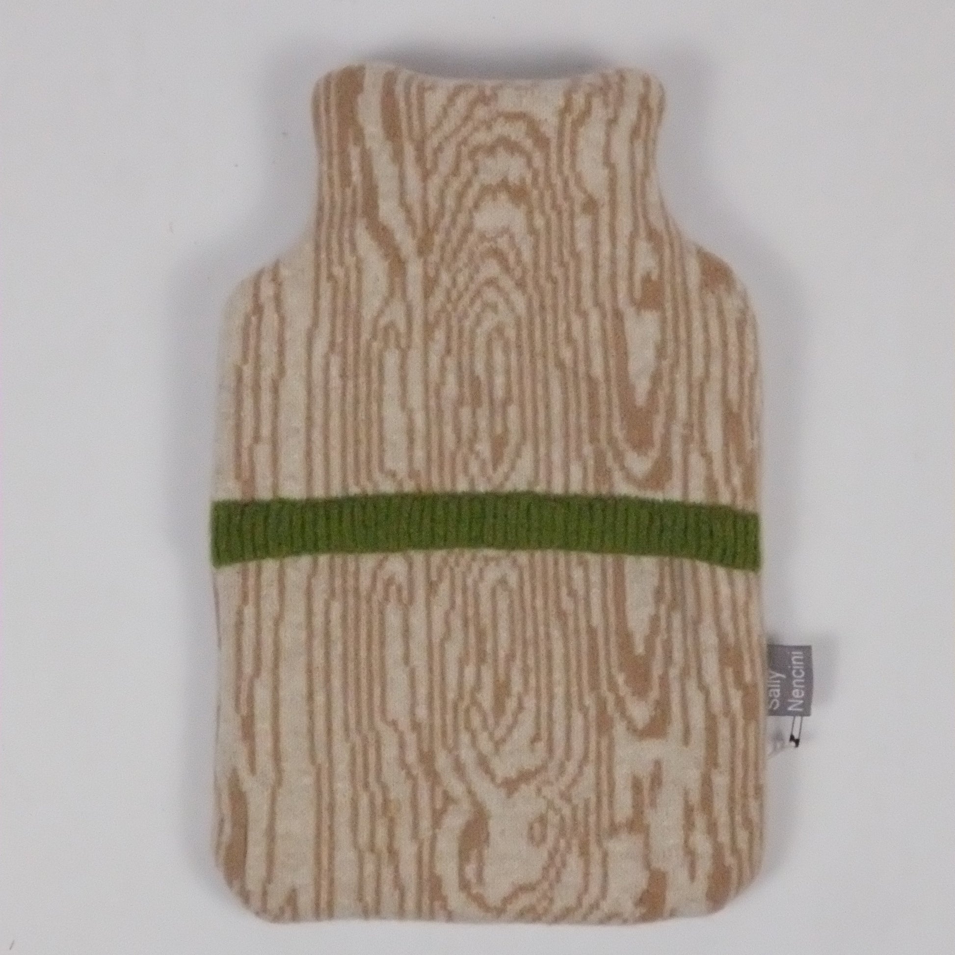Small pouch with wood grain pattern and green strap on a white background