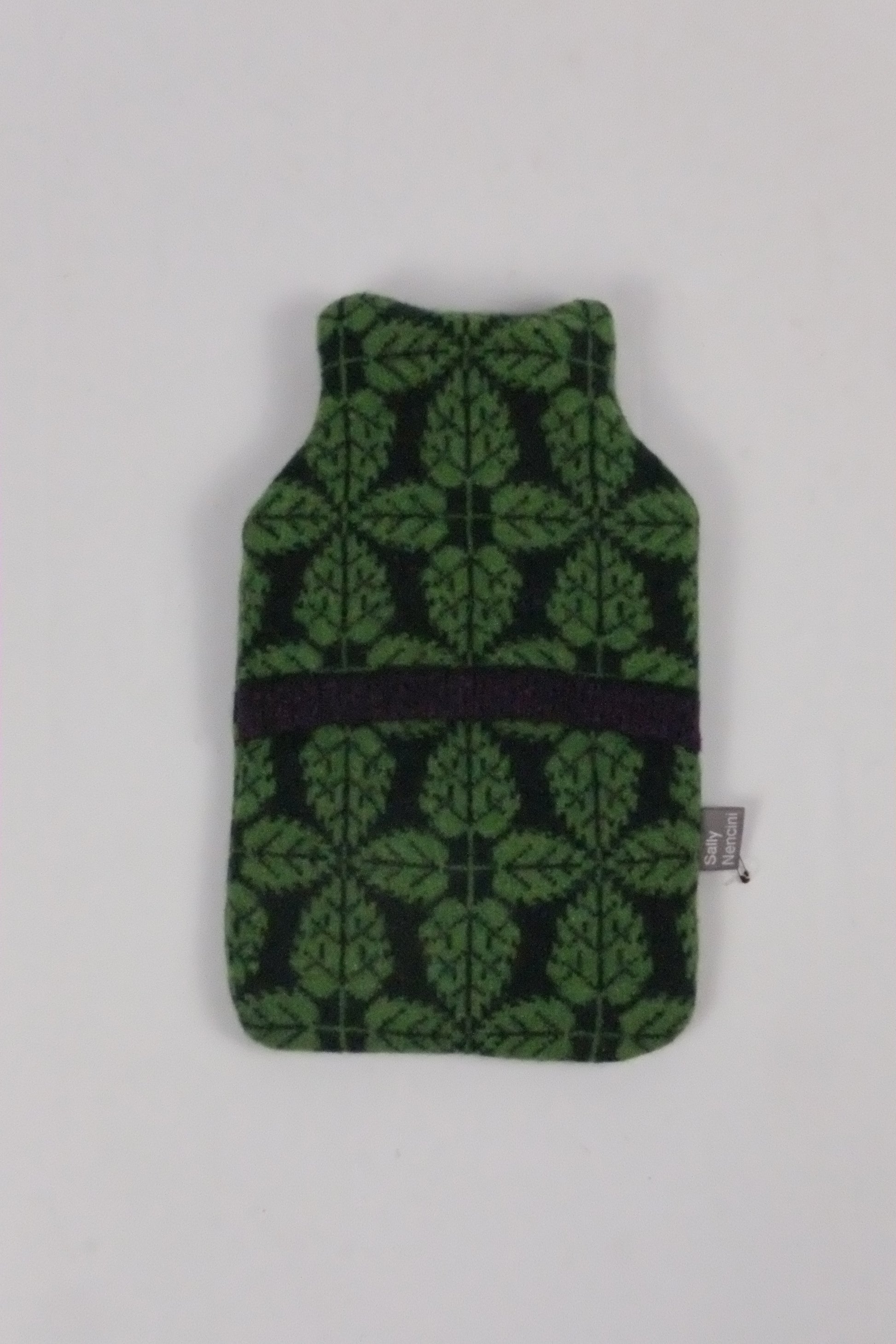 Green and black patterned pouch on a white background
