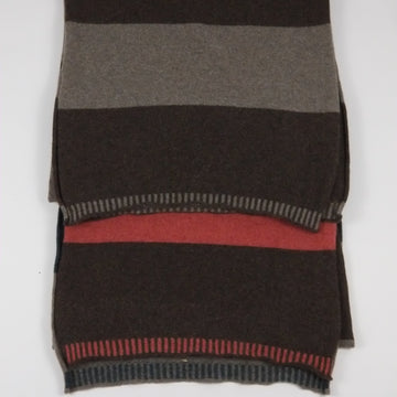 Striped fabric with brown, gray, and red colors on a white background