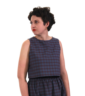 Woman wearing a blue plaid dress on a white background