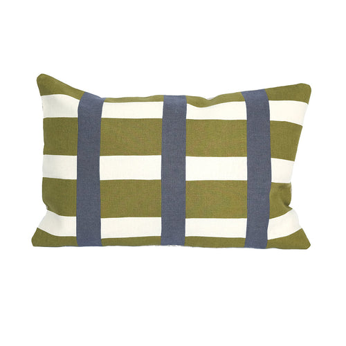 Striped pillow with green, white, and blue pattern on a white background