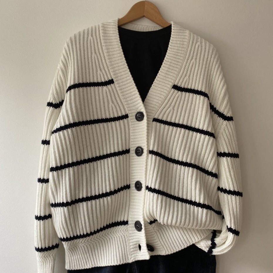 Charl Knitwear - Mellis Cotton Cardigan In White And Navy Stripe