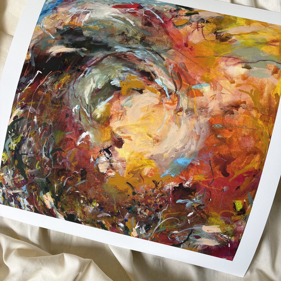 Dynamic and energetic square painting using bold bright colours with a white frame on a cream sheet background