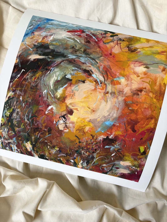 Dynamic and energetic square painting using bold bright colours with a white frame on a cream sheet background
