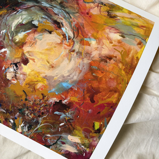 Art print of a bold coloured painting with prominent brush strokes with a white boarder n a cream sheet background 