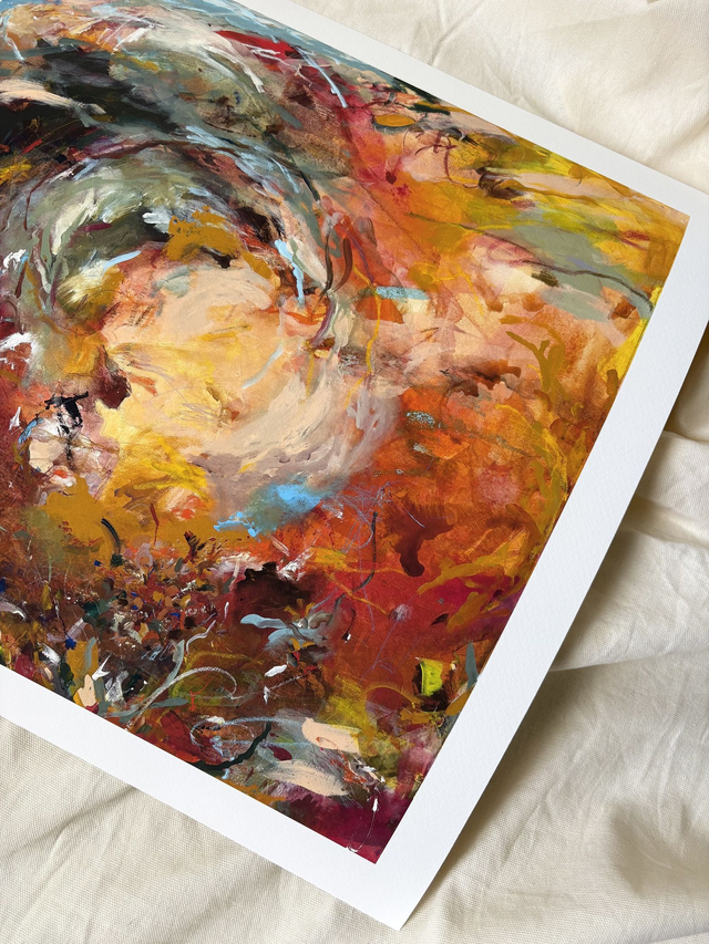 Art print of a bold coloured painting with prominent brush strokes with a white boarder n a cream sheet background 