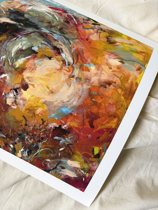 Art print of a bold coloured painting with prominent brush strokes with a white boarder n a cream sheet background 