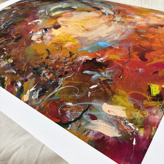 Art print of a painting using bold brush strokes and colour with fine line detail with a white boarder on a cream sheet background