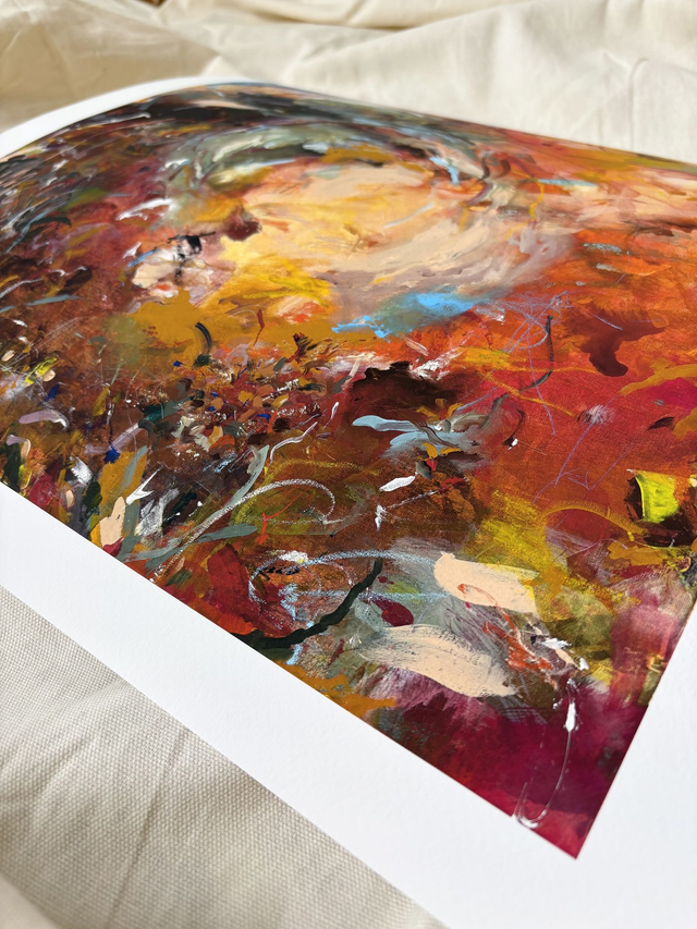 Art print of a painting using bold brush strokes and colour with fine line detail with a white boarder on a cream sheet background