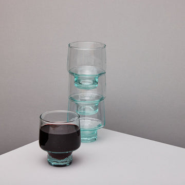 Set of clear glass wine glasses on a grey background