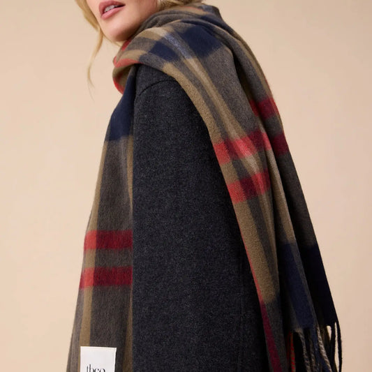 A close-up of a model wearing a classic plaid scarf in navy blue, beige, brown, and red, draped over a dark charcoal coat against a solid beige background.