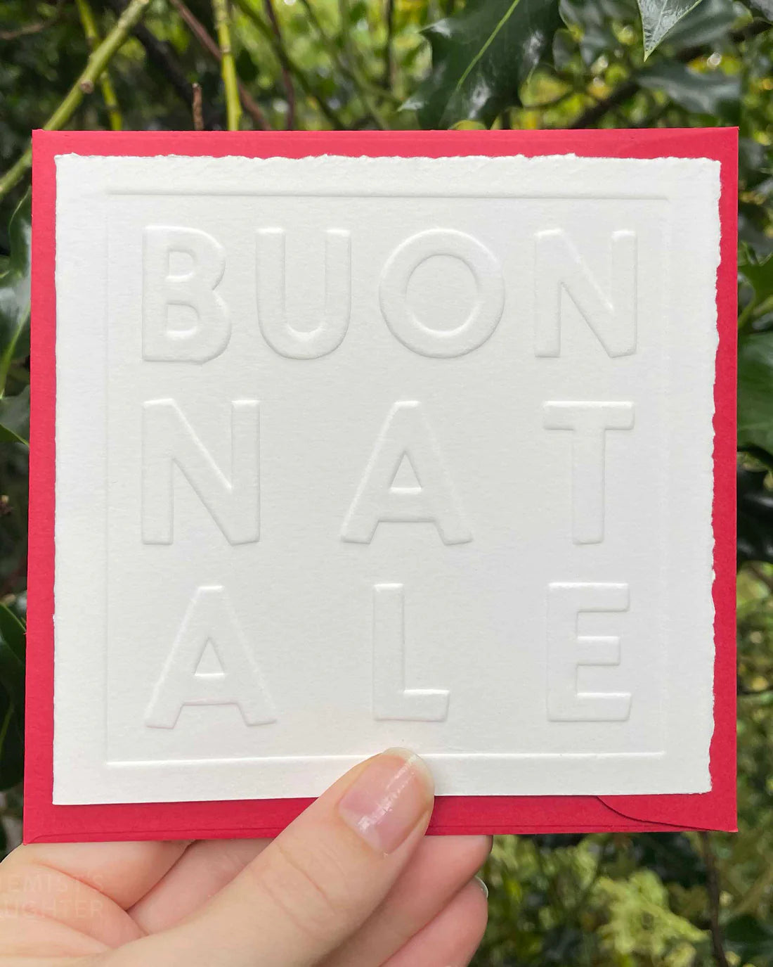 White card with 'BUON NATALE' text held against a green leafy background