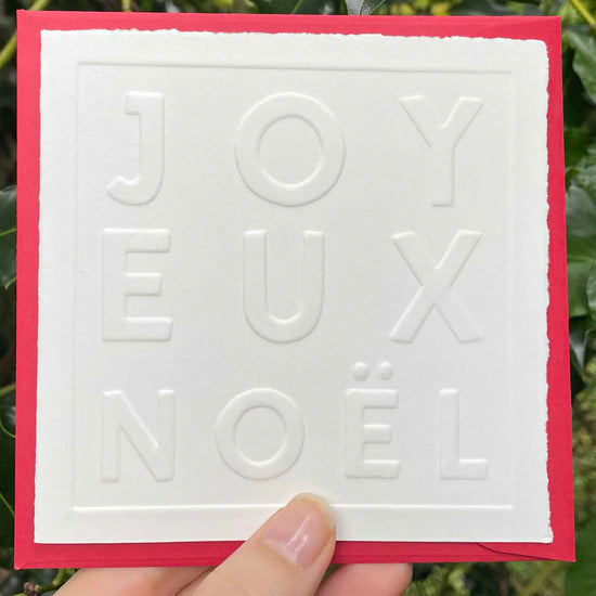 Card with 'JOYEUX NOEL' text held against a green leafy background