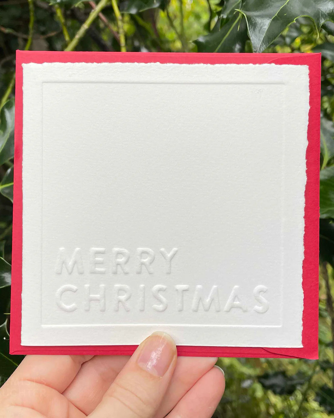 White card with 'Merry Christmas' text held against a green leafy background