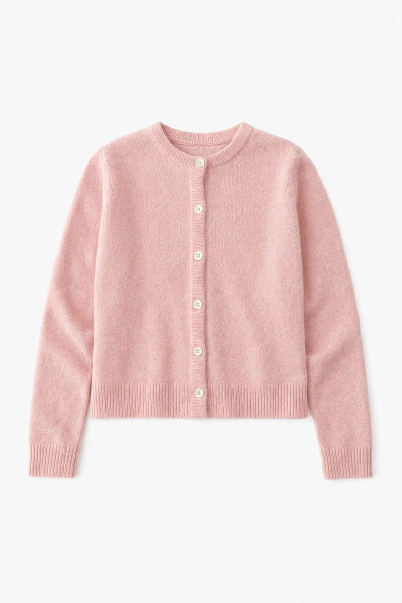 Blush pink lambswool cardigan with cream buttons on a white background