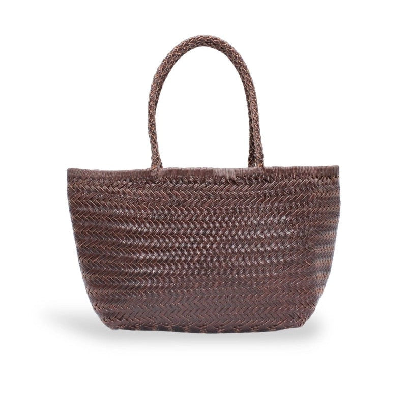 A brown woven straw tote bag with two braided shoulder straps, shown against a plain white background.