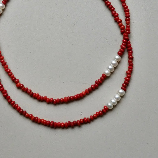 Third Drawer Up - Red Coral  and Pearl Beaded Necklace