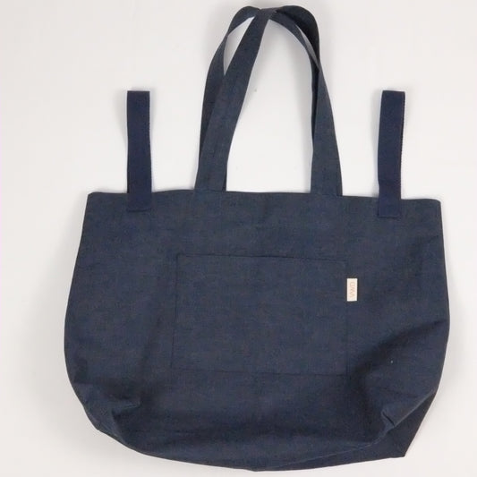 Blue denim tote bag on a white background
