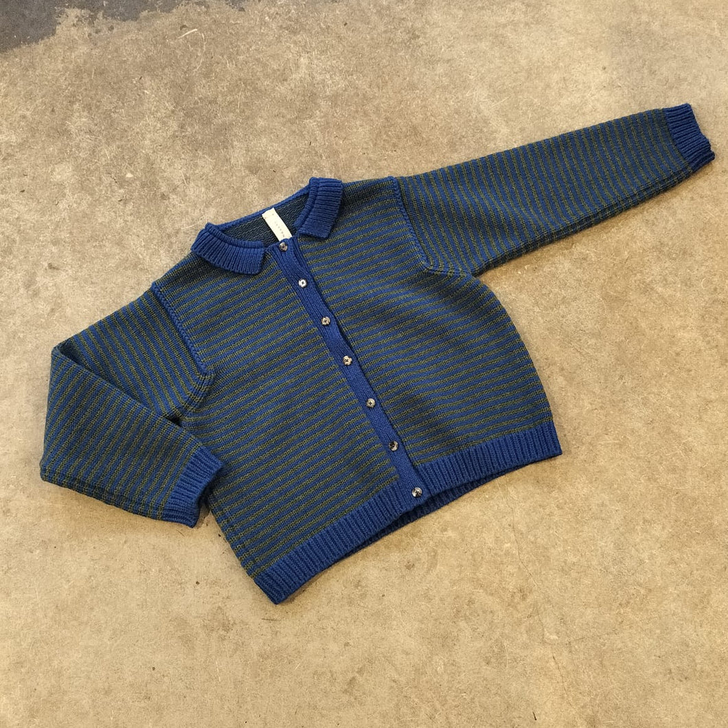 Yetton - The Collared Cardigan in Blue And Green Stripe