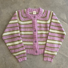 Load image into Gallery viewer, Striped cardigan with pink and green pattern on a concrete surface
