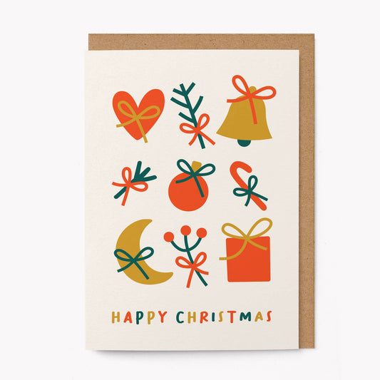 Christmas-themed greeting card with colorful illustrations on a white background