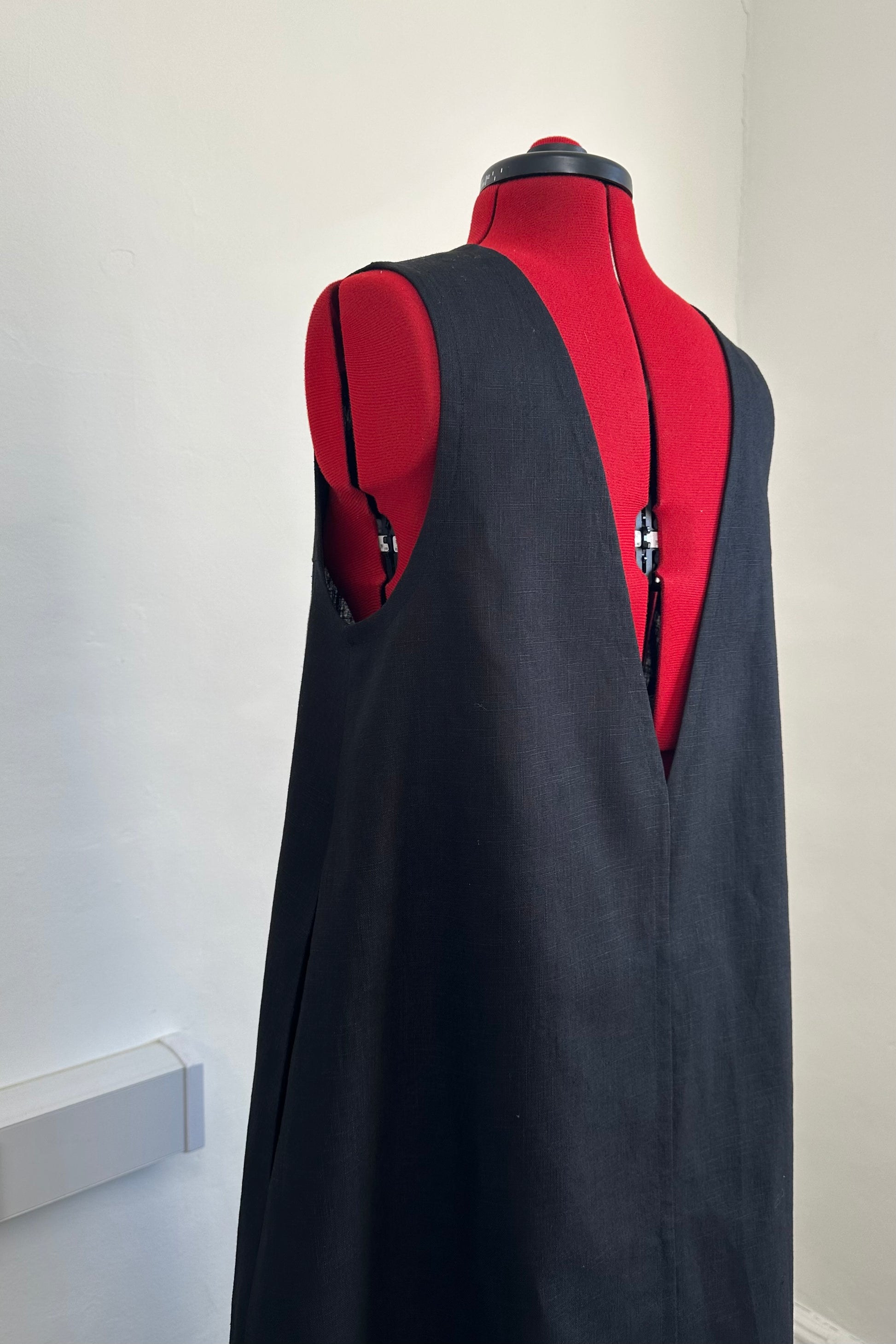 handmade low back black linen midi dress