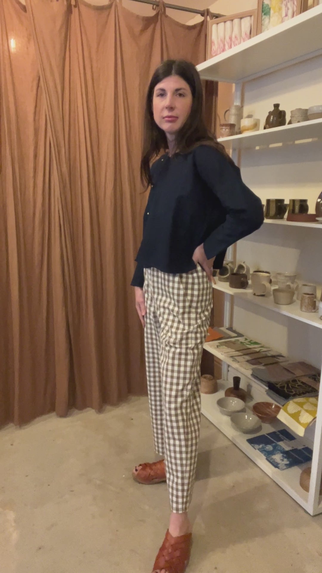 Handmade brown & cream gingham cotton trousers with elastic waistband and drawstring