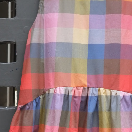 close up of rainbow check sleeveless dress 