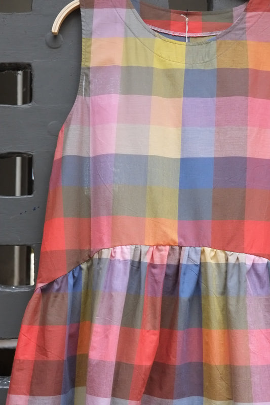 close up of rainbow check sleeveless dress 