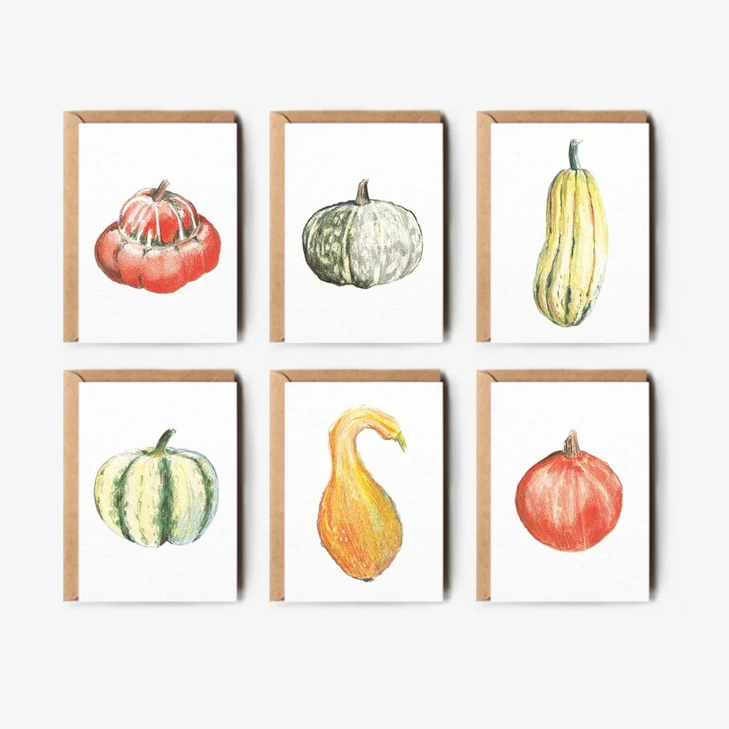 Set of six framed prints of gourds on a white background
