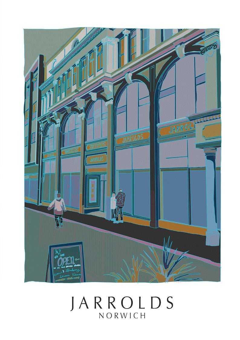 An A6 postcard featuring an illustrated depiction of Jarrolds Department Store in Norwich, printed on 300gsm recycled paper.